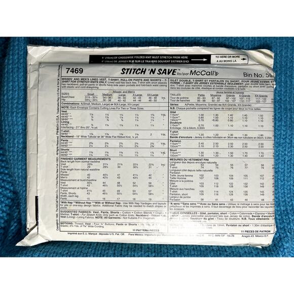 McCalls 7469 Sewing pattern unisex toop vest pants shorts size S M L - Picture 3 of 5